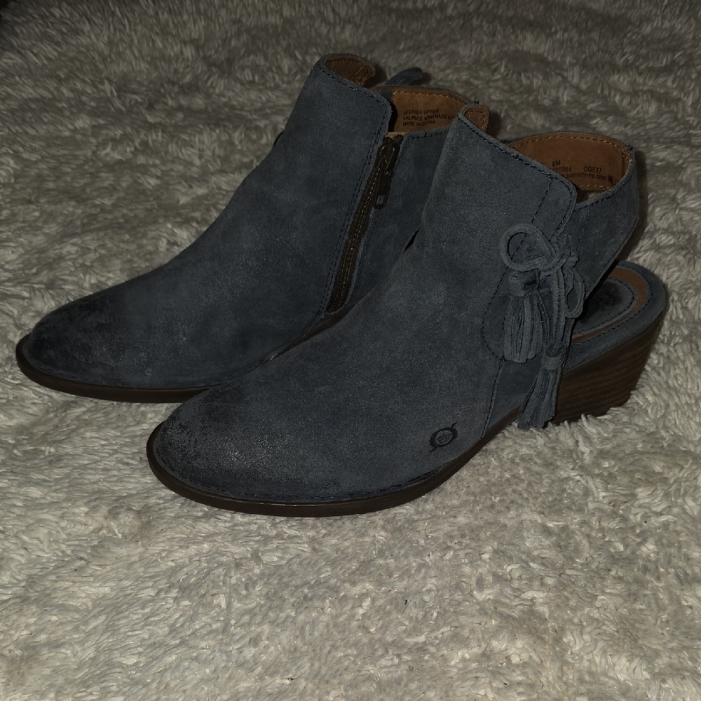 Women's Born Suede Side-Zip Tassel Ankle Bootie in Slate Blue